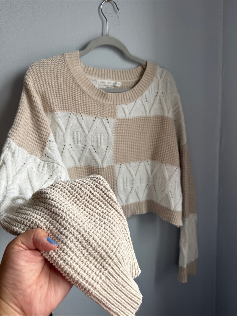 Altar’d State Beige and White Patchwork Cable Knit Sweater - Picture 4 of 4